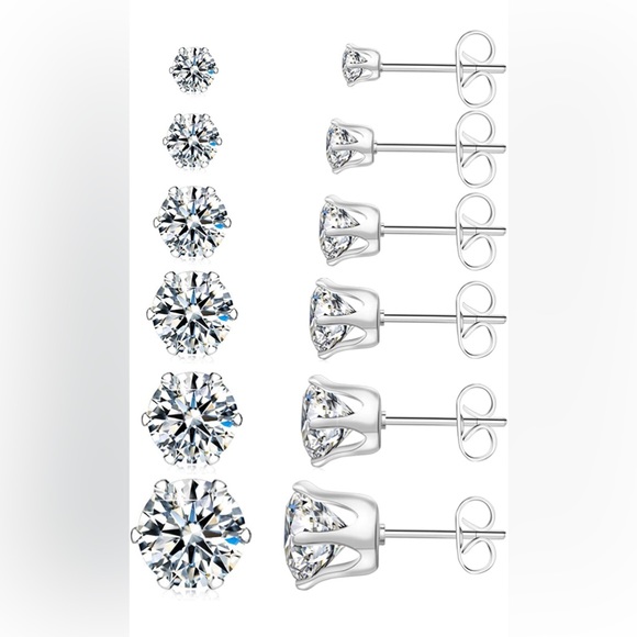 Jewelry - 6 Pairs Stainless Steel Stud Earrings Set Hypoallergenic 14K White Gold 316L CZ.